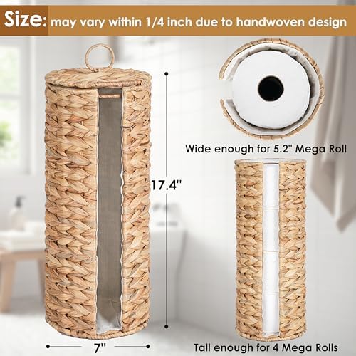 4 Mega Rollos Almacenamiento Extra de Papel Higiénico con Tapa y Forro, Soporte de Pie de Cesta Portapapel Higiénico de Jacinto de Agua Ratán, Organizador Decorativo Boho Cubierto y Cerrado