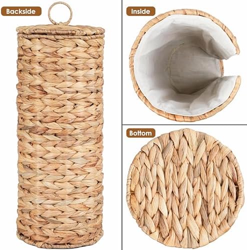 4 Mega Rollos Almacenamiento Extra de Papel Higiénico con Tapa y Forro, Soporte de Pie de Cesta Portapapel Higiénico de Jacinto de Agua Ratán, Organizador Decorativo Boho Cubierto y Cerrado