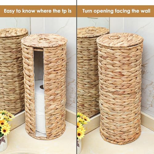 4 Mega Rollos Almacenamiento Extra de Papel Higiénico con Tapa y Forro, Soporte de Pie de Cesta Portapapel Higiénico de Jacinto de Agua Ratán, Organizador Decorativo Boho Cubierto y Cerrado