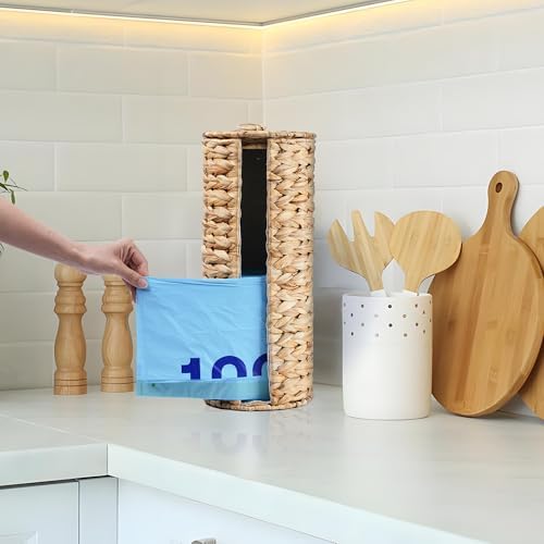 4 Mega Rollos Almacenamiento Extra de Papel Higiénico con Tapa y Forro, Soporte de Pie de Cesta Portapapel Higiénico de Jacinto de Agua Ratán, Organizador Decorativo Boho Cubierto y Cerrado