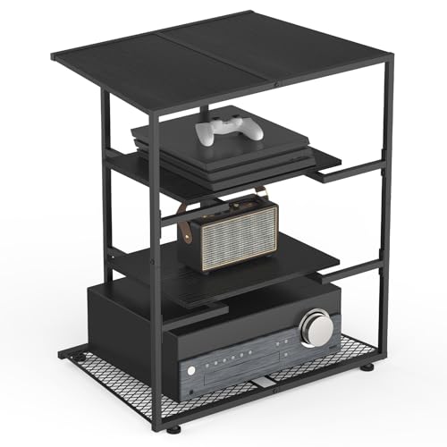 4 Tier AV Media Stand  Corner Shelf Record Player Stand  Media Audio Tower Cabinet  Stereo Cabinet Black  Small Entertainment Center with Height Adjustable Wooden Shelves for TV