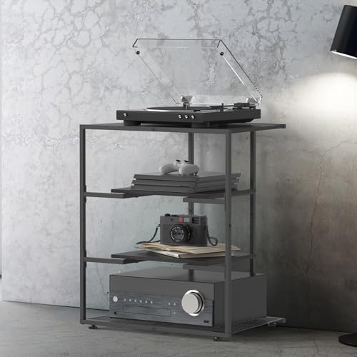 4 Tier AV Media Stand  Corner Shelf Record Player Stand  Media Audio Tower Cabinet  Stereo Cabinet Black  Small Entertainment Center with Height Adjustable Wooden Shelves for TV