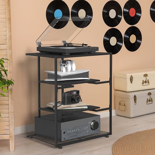 4 Tier AV Media Stand  Corner Shelf Record Player Stand  Media Audio Tower Cabinet  Stereo Cabinet Black  Small Entertainment Center with Height Adjustable Wooden Shelves for TV