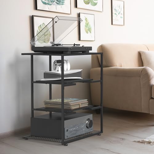 4 Tier AV Media Stand  Corner Shelf Record Player Stand  Media Audio Tower Cabinet  Stereo Cabinet Black  Small Entertainment Center with Height Adjustable Wooden Shelves for TV