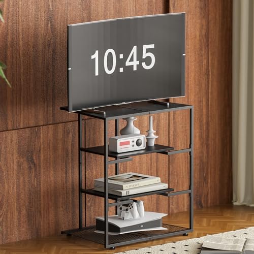 4 Tier AV Media Stand  Corner Shelf Record Player Stand  Media Audio Tower Cabinet  Stereo Cabinet Black  Small Entertainment Center with Height Adjustable Wooden Shelves for TV