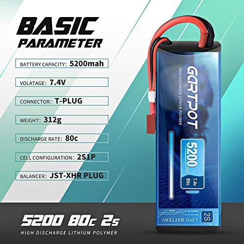 5200mAh 2S 7 4V 80C LiPo RC Battery Hard Case with T Plug for RC Truck RC Truggy RC Heli Airplane Drone FPV Racing  2 Pack