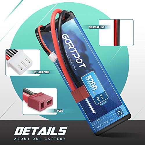 5200mAh 2S 7 4V 80C LiPo RC Battery Hard Case with T Plug for RC Truck RC Truggy RC Heli Airplane Drone FPV Racing  2 Pack