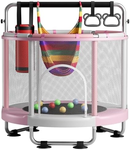 55 Trampoline for Kids with Enclosure  440lbs Capacity Indoor & Outdoor Toddler Trampoline with Adjustable Gymnastics Bar & Toys  for Boys & Girls