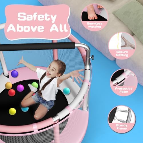 55 Trampoline for Kids with Enclosure  440lbs Capacity Indoor & Outdoor Toddler Trampoline with Adjustable Gymnastics Bar & Toys  for Boys & Girls