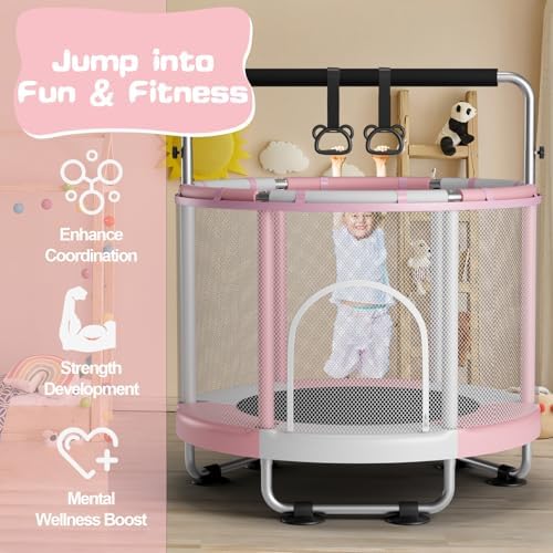 55 Trampoline for Kids with Enclosure  440lbs Capacity Indoor & Outdoor Toddler Trampoline with Adjustable Gymnastics Bar & Toys  for Boys & Girls