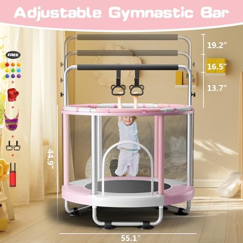 55 Trampoline for Kids with Enclosure  440lbs Capacity Indoor & Outdoor Toddler Trampoline with Adjustable Gymnastics Bar & Toys  for Boys & Girls