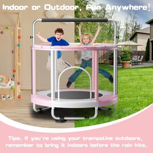 55 Trampoline for Kids with Enclosure  440lbs Capacity Indoor & Outdoor Toddler Trampoline with Adjustable Gymnastics Bar & Toys  for Boys & Girls