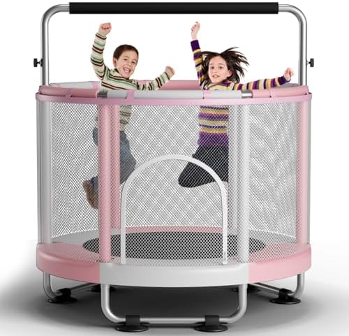 55 Trampoline for Kids with Enclosure  440lbs Capacity Indoor & Outdoor Toddler Trampoline with Adjustable Gymnastics Bar & Toys  for Boys & Girls
