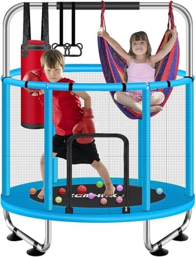 55 Trampoline for Kids with Enclosure  440lbs Capacity Indoor & Outdoor Toddler Trampoline with Adjustable Gymnastics Bar & Toys  for Boys & Girls