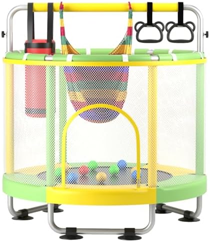 55 Trampoline for Kids with Enclosure  440lbs Capacity Indoor & Outdoor Toddler Trampoline with Adjustable Gymnastics Bar & Toys  for Boys & Girls