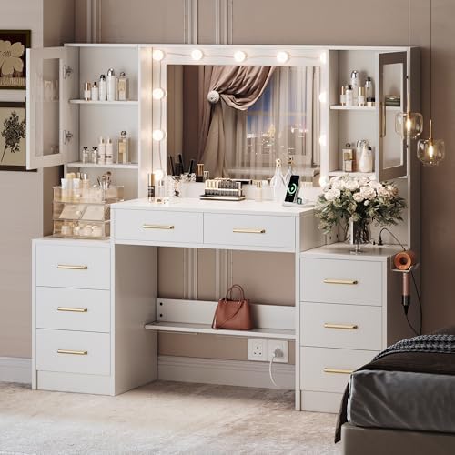 58 3 Large Vanity Desk with Mirror & Lights  Makeup Vanity with 10 LED Lights  8 Metal Sliding Drawers & 2 Cabinets  White Vanity Set with Power Outlet &3 Lighting Modes Without Stool