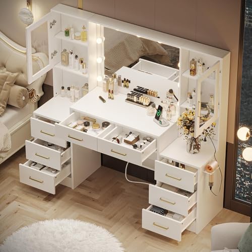 58 3 Large Vanity Desk with Mirror & Lights  Makeup Vanity with 10 LED Lights  8 Metal Sliding Drawers & 2 Cabinets  White Vanity Set with Power Outlet &3 Lighting Modes Without Stool