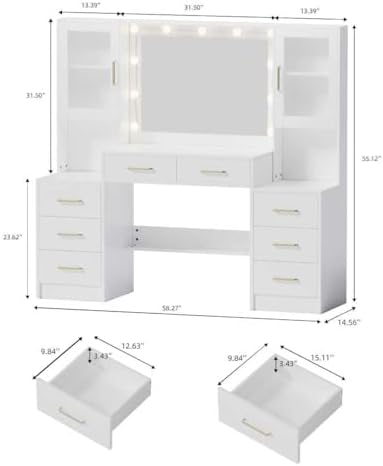 58 3 Large Vanity Desk with Mirror & Lights  Makeup Vanity with 10 LED Lights  8 Metal Sliding Drawers & 2 Cabinets  White Vanity Set with Power Outlet &3 Lighting Modes Without Stool