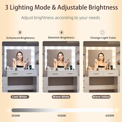 58 3 Large Vanity Desk with Mirror & Lights  Makeup Vanity with 10 LED Lights  8 Metal Sliding Drawers & 2 Cabinets  White Vanity Set with Power Outlet &3 Lighting Modes Without Stool