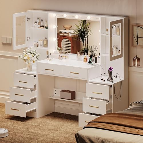 58 3 Large Vanity Desk with Mirror & Lights  Makeup Vanity with 10 LED Lights  8 Metal Sliding Drawers & 2 Cabinets  White Vanity Set with Power Outlet &3 Lighting Modes Without Stool