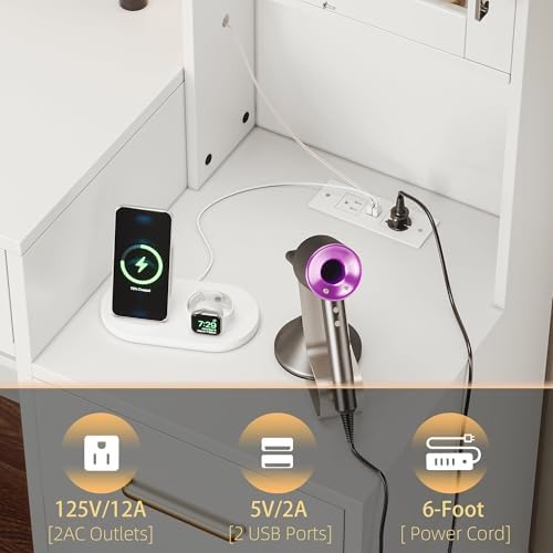 58 3 Large Vanity Desk with Mirror & Lights  Makeup Vanity with 10 LED Lights  8 Metal Sliding Drawers & 2 Cabinets  White Vanity Set with Power Outlet &3 Lighting Modes Without Stool