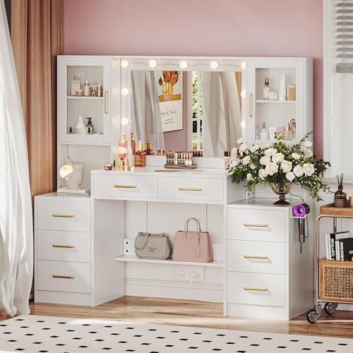 58 3 Large Vanity Desk with Mirror & Lights  Makeup Vanity with 10 LED Lights  8 Metal Sliding Drawers & 2 Cabinets  White Vanity Set with Power Outlet &3 Lighting Modes Without Stool