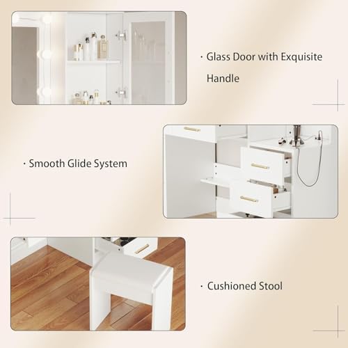 58 3 Large Vanity Desk with Mirror & Lights  Makeup Vanity with 10 LED Lights  8 Metal Sliding Drawers & 2 Cabinets  White Vanity Set with Power Outlet &3 Lighting Modes Without Stool