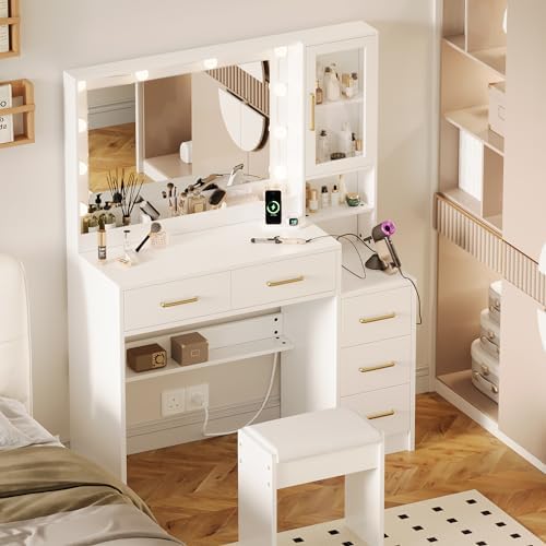 58 3 Large Vanity Desk with Mirror & Lights  Makeup Vanity with 10 LED Lights  8 Metal Sliding Drawers & 2 Cabinets  White Vanity Set with Power Outlet &3 Lighting Modes Without Stool