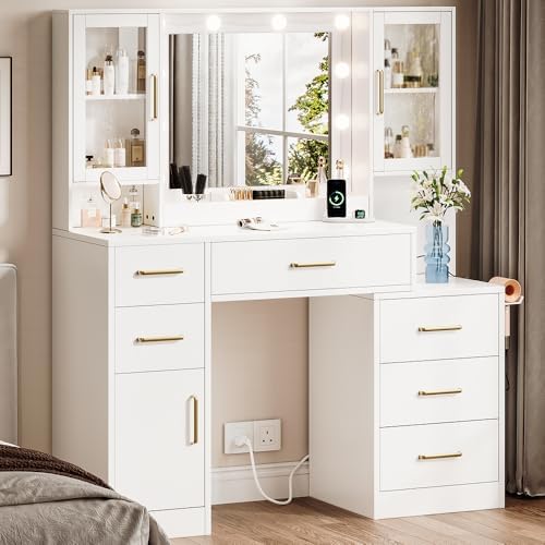 58 3 Large Vanity Desk with Mirror & Lights  Makeup Vanity with 10 LED Lights  8 Metal Sliding Drawers & 2 Cabinets  White Vanity Set with Power Outlet &3 Lighting Modes Without Stool