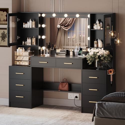 58 3 Large Vanity Desk with Mirror & Lights  Makeup Vanity with 10 LED Lights  8 Metal Sliding Drawers & 2 Cabinets  White Vanity Set with Power Outlet &3 Lighting Modes Without Stool