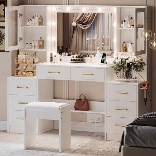 58 3 Large Vanity Desk with Mirror & Lights  Makeup Vanity with 10 LED Lights  8 Metal Sliding Drawers & 2 Cabinets  White Vanity Set with Power Outlet &3 Lighting Modes Without Stool