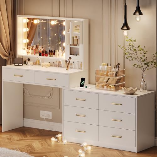 58 3 Large Vanity Desk with Mirror & Lights  Makeup Vanity with 10 LED Lights  8 Metal Sliding Drawers & 2 Cabinets  White Vanity Set with Power Outlet &3 Lighting Modes Without Stool