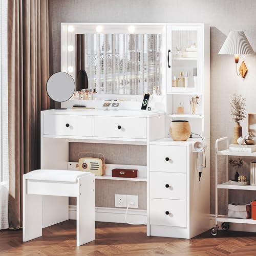 58 3 Large Vanity Desk with Mirror & Lights  Makeup Vanity with 10 LED Lights  8 Metal Sliding Drawers & 2 Cabinets  White Vanity Set with Power Outlet &3 Lighting Modes Without Stool
