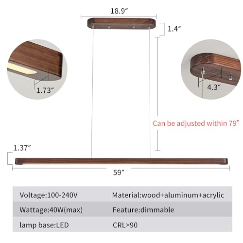 59IN Wood Linear Pendant Light LED Ceiling Pendant Lamp Modern Chandeliers for Dining Room Dimmable Pool Table Island Lights for Kitchen Dining Room Billiard Room Adjustable Height