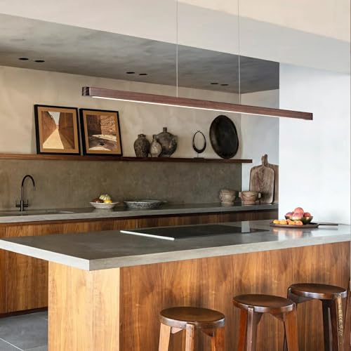 59IN Wood Linear Pendant Light LED Ceiling Pendant Lamp Modern Chandeliers for Dining Room Dimmable Pool Table Island Lights for Kitchen Dining Room Billiard Room Adjustable Height