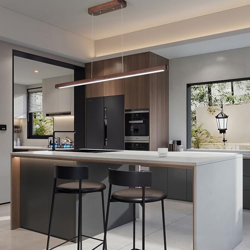 59IN Wood Linear Pendant Light LED Ceiling Pendant Lamp Modern Chandeliers for Dining Room Dimmable Pool Table Island Lights for Kitchen Dining Room Billiard Room Adjustable Height