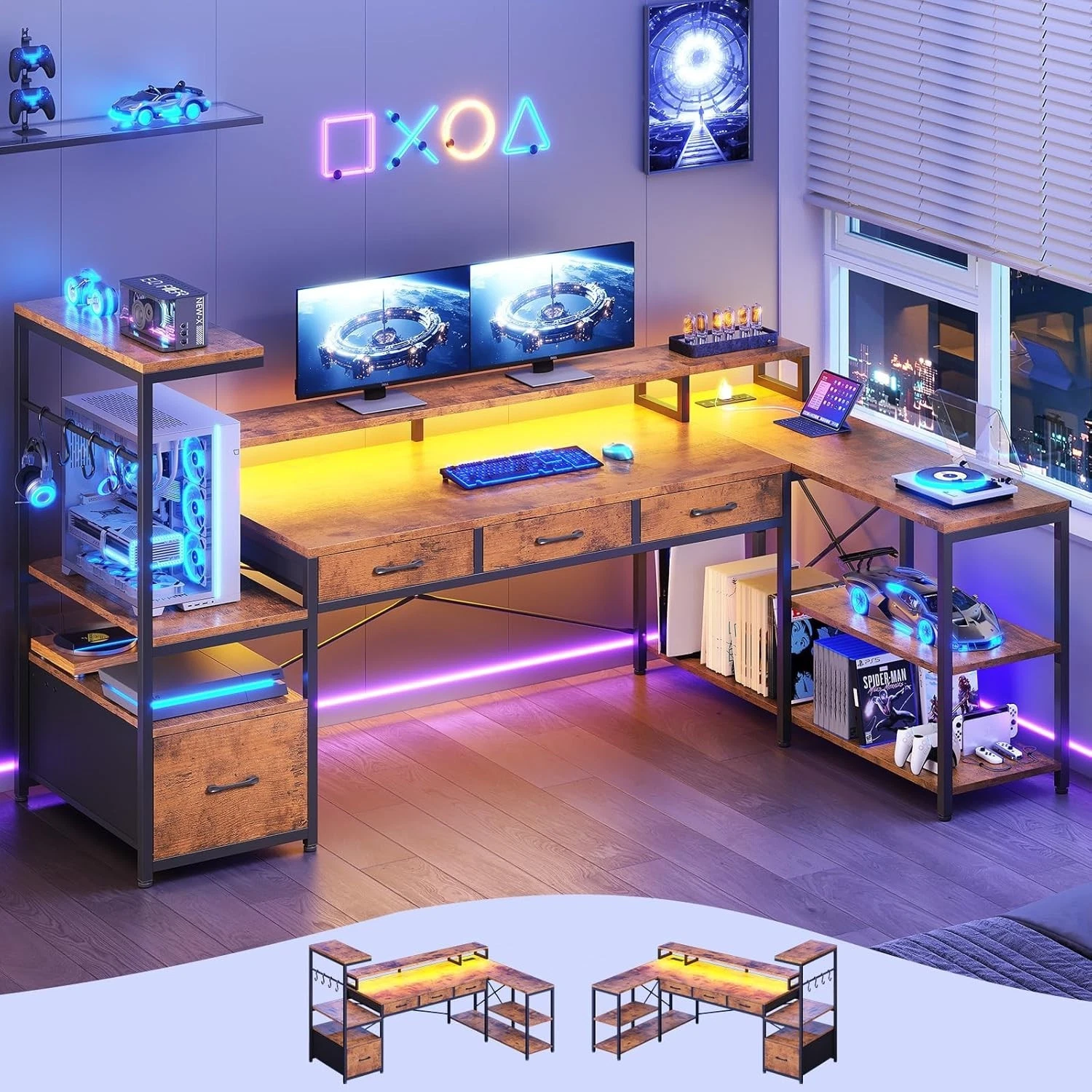 59" L Shaped Gaming Desk with 4 Drawers and LED Lights  Reversible Computer Desk