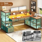 59" L Shaped Gaming Desk with 4 Drawers and LED Lights  Reversible Computer Desk