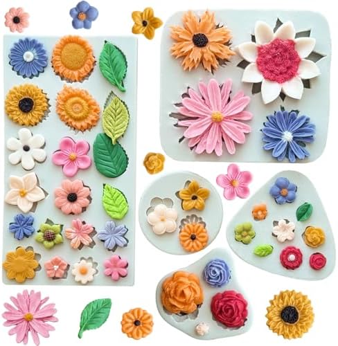 5Pcs Flower Silicone Molds Small Flower Chocolate Mold Daisy Rose Flowers Fondant Molds for Cake Cupcake Decorating Sunflower Leaves Polymer Clay Resin Mold Soap Ice Cube for Baking