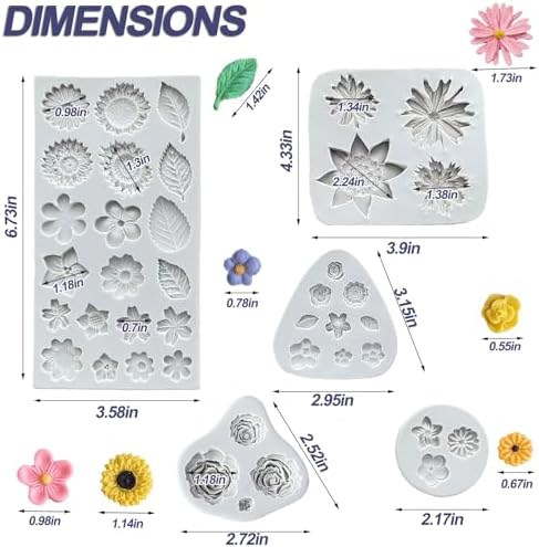 5Pcs Flower Silicone Molds Small Flower Chocolate Mold Daisy Rose Flowers Fondant Molds for Cake Cupcake Decorating Sunflower Leaves Polymer Clay Resin Mold Soap Ice Cube for Baking