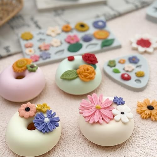 5Pcs Flower Silicone Molds Small Flower Chocolate Mold Daisy Rose Flowers Fondant Molds for Cake Cupcake Decorating Sunflower Leaves Polymer Clay Resin Mold Soap Ice Cube for Baking