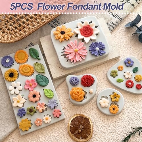 5Pcs Flower Silicone Molds Small Flower Chocolate Mold Daisy Rose Flowers Fondant Molds for Cake Cupcake Decorating Sunflower Leaves Polymer Clay Resin Mold Soap Ice Cube for Baking