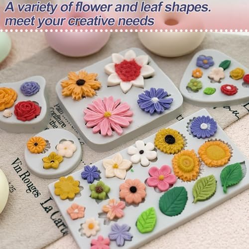 5Pcs Flower Silicone Molds Small Flower Chocolate Mold Daisy Rose Flowers Fondant Molds for Cake Cupcake Decorating Sunflower Leaves Polymer Clay Resin Mold Soap Ice Cube for Baking