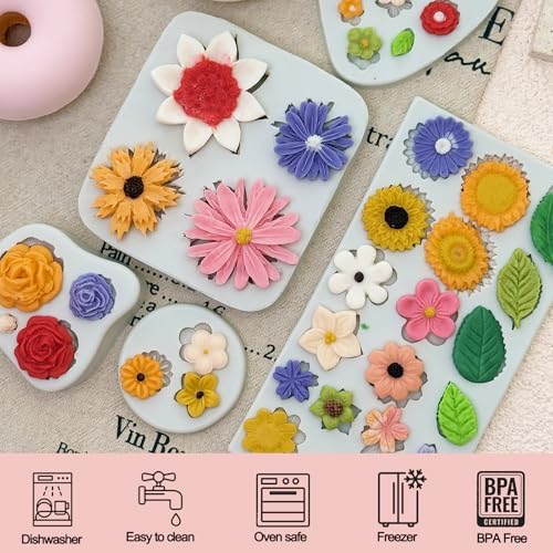5Pcs Flower Silicone Molds Small Flower Chocolate Mold Daisy Rose Flowers Fondant Molds for Cake Cupcake Decorating Sunflower Leaves Polymer Clay Resin Mold Soap Ice Cube for Baking
