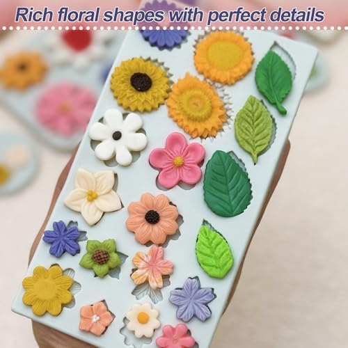 5Pcs Flower Silicone Molds Small Flower Chocolate Mold Daisy Rose Flowers Fondant Molds for Cake Cupcake Decorating Sunflower Leaves Polymer Clay Resin Mold Soap Ice Cube for Baking
