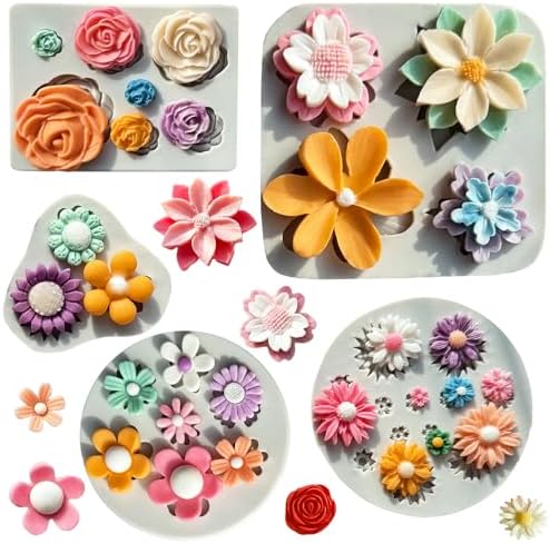 5Pcs Flower Silicone Molds Small Flower Chocolate Mold Daisy Rose Flowers Fondant Molds for Cake Cupcake Decorating Sunflower Leaves Polymer Clay Resin Mold Soap Ice Cube for Baking