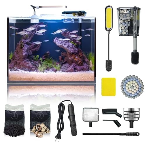 5 Gallon Small Aquarium Set Glass Fish Tank 6 Gallon  Starter Kit with Heater Self Cleaning System Filter Bright Light Rocks Gravel Cleaning Tool  Leak Proof Clear Rimless Betta Plants