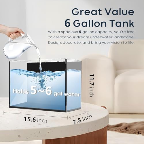 5 Gallon Small Aquarium Set Glass Fish Tank 6 Gallon  Starter Kit with Heater Self Cleaning System Filter Bright Light Rocks Gravel Cleaning Tool  Leak Proof Clear Rimless Betta Plants