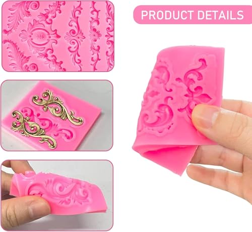 5 Pcs Baroque Silicone Molds Baroque Style Curlicues Scroll Lace Fondant Silicone Mold Scroll silicone Baroque Mold Relief Flower Lace Mould for Wedding Birthday Cake Decoration