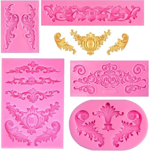 5 Pcs Baroque Silicone Molds Baroque Style Curlicues Scroll Lace Fondant Silicone Mold Scroll silicone Baroque Mold Relief Flower Lace Mould for Wedding Birthday Cake Decoration